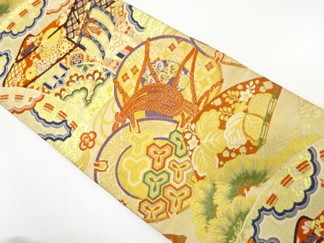 JAPANESE KIMONO / ANTIQUE MARU OBI / WOVEN CARRIAGE & PAULOWNIA